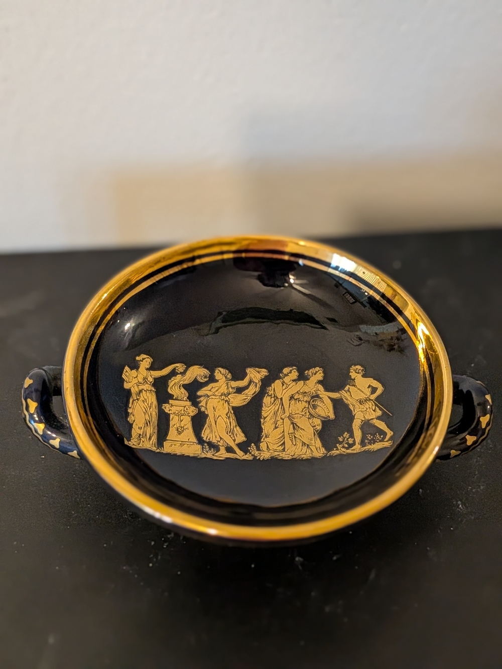 Vintage Handmade Greek Ceramic Foote Bowl Adorned With 24K Gold Detaling